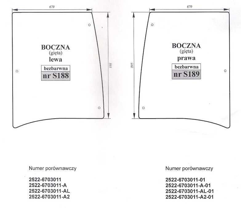 szyba MTZ Belarus/Pronar 1523, - boczna lewa,prawa S 188 S 189